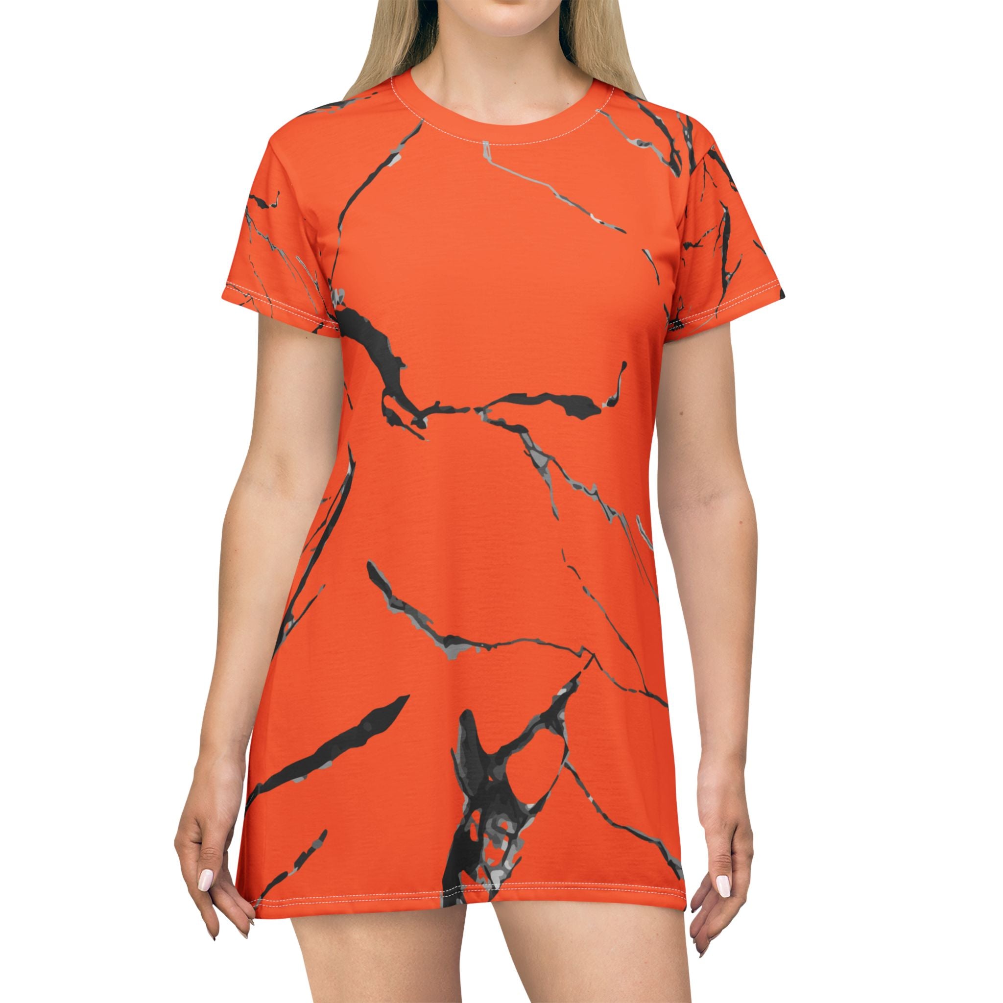 Bold Orange Marble T-Shirt Dress | Casual Chic, Summer Fashion, Everyday Wear, Gift for Her, Trendy Outfit
